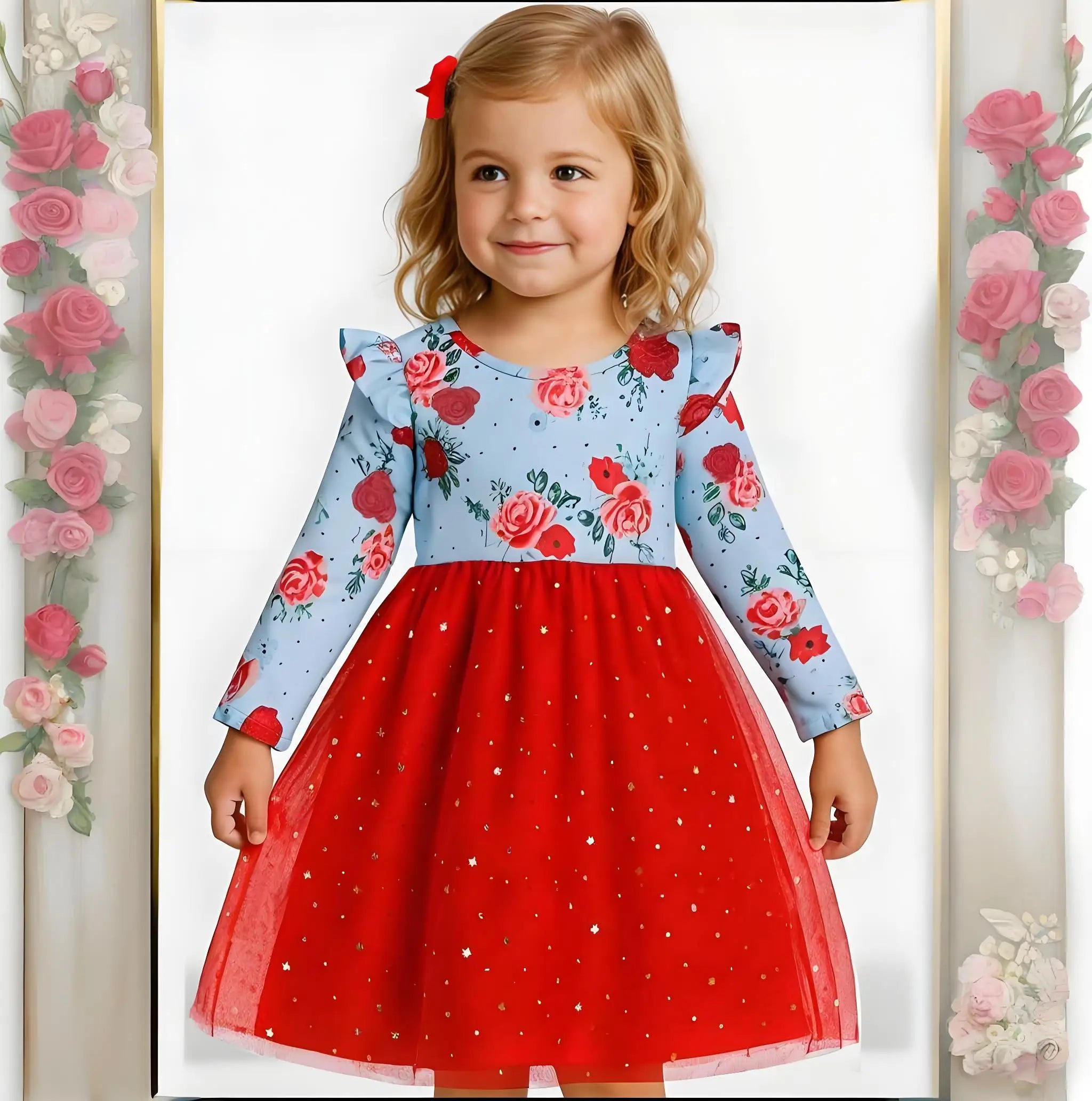 Valentine's Day Gift Girls Dress | Red Rose Print Long Sleeve Ruffle Red Tulle Princess Dress for Toddler Kids 2-7Y