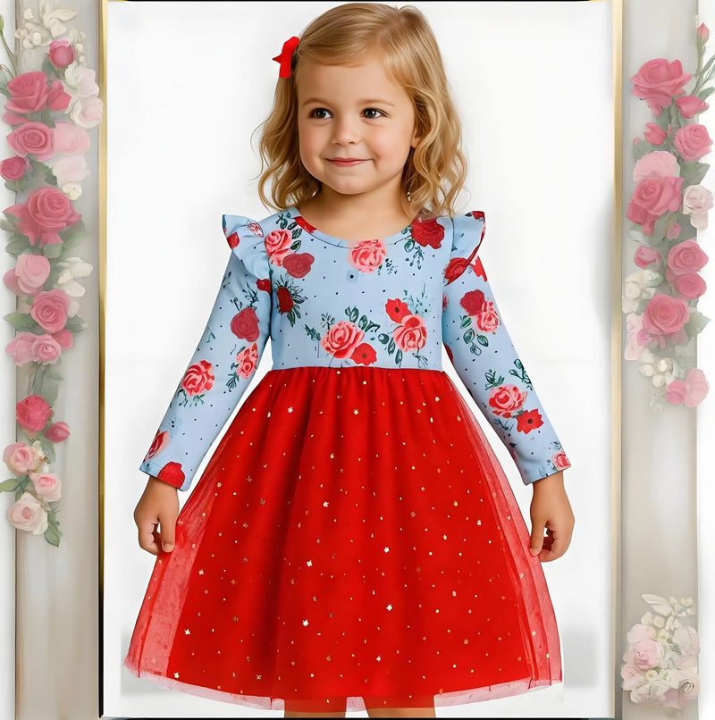 Valentine's Day Gift Girls Dress | Red Rose Print Long Sleeve Ruffle Red Tulle Princess Dress for Toddler Kids 2-7Y